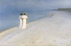 Letní večer na pláži Skagens. Anna Ancher a Marie Krøyer kráčejí spolu.